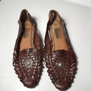 Basic Editions Brown Woven Leather Sandals with Decorative Medallion